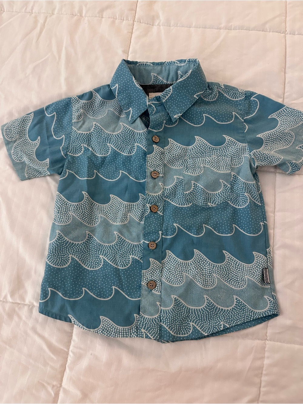 Short-Sleeve Boys' Wave Print Button-Down Shirt in Teal